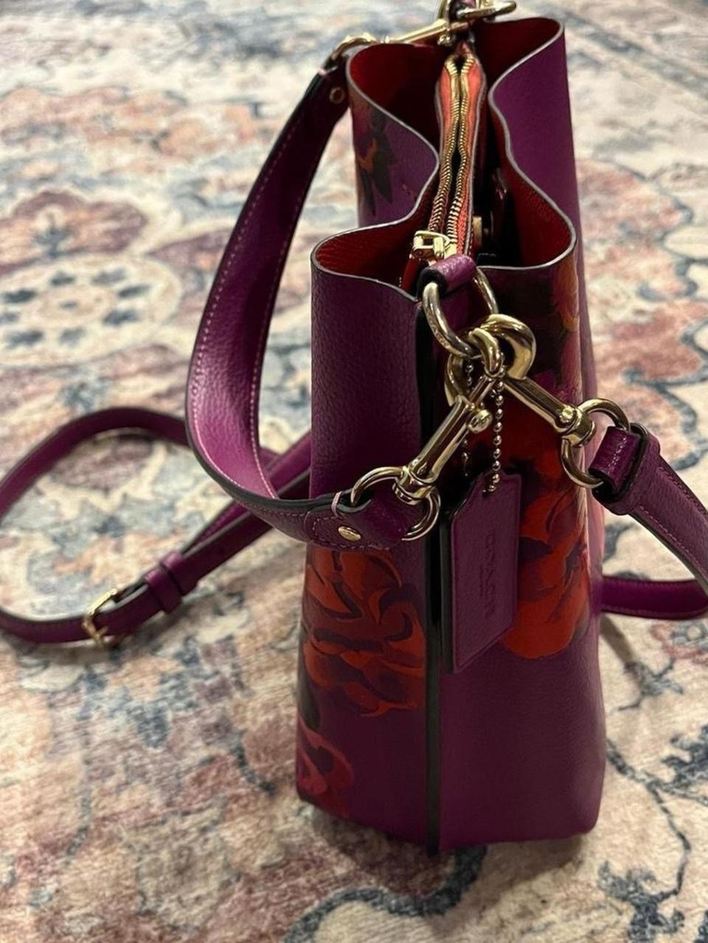 Coach Purple Floral Leather Mollie Bucket Bag - Picture 5 of 8